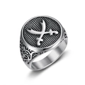 Vintage roestvrijstalen ring met gepolijste Arabische zwaarden en gravures - US 7 / Vintage Staal Zilver