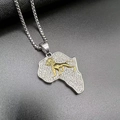 Iced out Africa map pendant with golden lion and rhinestone box chain in silver finish - Two-tone Single Pendant / Two Colors