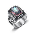 Vintage punk silver ring for men with a large rectangular colorful gem and zircons - US 7 / Vintage Steel Silver
