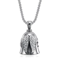 Retro titanium steel biker bell necklace with angel wing relief and silver box chain - Steel Color Bell