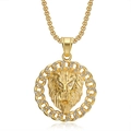 Macro shot of gold lion head pendant with sparkling rhinestones and thick link chain - Gold Pendant Only