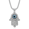 Iced out Hamsa hand pendant necklace with blue evil eye and sparkling rhinestones - Silver Color Single Pendant