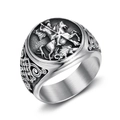 Vintage roestvrijstalen ring met St. Joris draak reliëf en Keltische knoopversiering - US 7 / Vintage Staal Zilver