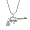 Polierter Revolver-Anhänger mit Zirkonia-Besatz an einer klassischen Box-Halskette - Anhänger Ohne Kette Stahlfarbe