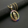 Collar hip-hop dorado con colgante ovalado de la Virgen María y circonitas de colores - Colgante Único Pequeño