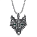 Collar vikingo de cabeza de lobo de acero inoxidable con ojos verdes y cadena de trigo - Colgante Único (Color Acero Retro)
