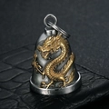 Motorcycle rider bell pendant with gold dragon relief on vintage silver stainless steel - Gold and Silver