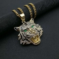 Hip hop gold plated tiger head pendant necklace with sparkling diamonds and green eyes - Pendant Only (Without Chain)
