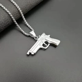 Silver stainless steel M1911 pistol pendant necklace with bead chain on leather - No Stone Style / Steel Color (Pendant Only Without Zirconia)