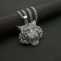 Hip hop silver tiger head pendant necklace with white diamonds and green gem eyes - Steel Color Pendant Only (Without Chain)