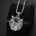 Collier avec pendentif tête de tigre hip hop argenté avec strass brillants et yeux verts - Pendentif Argenté Seul (Sans Chaîne)