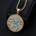 Collana hip-hop placcata oro con ciondolo Occhio di Horus, strass blu e catena a scatola - Ciondolo Dorato Grande Solo (Senza Catena)
