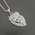 Ciondolo testa di leone con corona in acciaio inossidabile argento e strass con catena - Ciondolo Singolo Color Argento