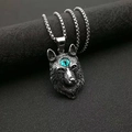 Macro shot of Viking punk wolf head pendant with blue gemstone on black leather - Vintage Silver Wolf Pendant (Blue Eyes)