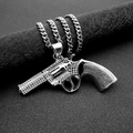 Hiphop Silber Revolver Anhänger Kette mit weißen Kristallen und Panzerkette Design - Nur Anhänger / Stahlfarben