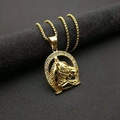 Gouden ketting met paardenhoofd hanger en hoefijzer frame bezet met fonkelende steen - 019 Hanger Zonder Ketting