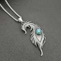 Collana con ciondolo a piuma punk retrò in acciaio inossidabile con turchese ovale - Ciondolo Singolo Color Argento