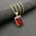 Collana hip hop placcata in oro con pendente a rubino rosso rettangolare e zirconi bianchi - Pendente Singolo (Senza Catena) / Ciondolo Pietra Rossa Oro