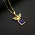 Gold angel necklace with blue gemstone and twisted rope chain for hiphop style - Angel Pendant / Gold (Blue Artificial Gemstone)