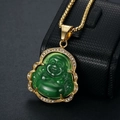 Vergoldete Hip-Hop-Maitreya-Buddha-Halskette mit grünem Harz und weißen Kristallen - Goldener Grüner Buddha Anhänger Nur