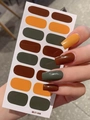 Macro shot of LT-008 nail stickers in deep brown, orange and green tones with glossy finish - Dark Autumn Winter Style (LT-008) / Individual Sheets