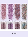 Dettaglio macro di quattro set di glitter e paillettes esagonali per nail art DIY - Rosa Oro Viola Argento (SF-010) / Standard