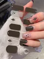 Detail of dark grey argyle pattern nail stickers showing realistic fit and chic finish - Dark Green White Minimalist Plaid Style (PDD-216)