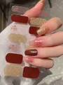 Detailed view of burgundy and gold glitter nail wraps with star patterns and blush finish - Dark Red Gold Glitter Gradient Star Style (PDD-224)