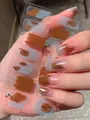 Close-up of caramel and grey-blue nail stickers with gold foil and smudge effect - Caramel Grey Blue Smudge Gold Foil Style (PDD-228)