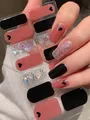 Detail of pink heart and silver glitter press-on nail stickers with thin texture - Sweet Cool Pink Black Laser Glitter Style (PDD-229)