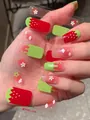 Detail shot of strawberry nail stickers with red dots and white flowers on clear film - Strawberry Polka Dot White Flower Style (PDD-230)