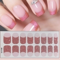 Close-up of pink glitter gradient French nail stickers with model showcase and 16pc set - Pink Glitter Gradient Style (CS-133)