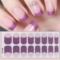 Macro detail of CS-134 purple glitter french tip nail stickers on nude pink base - Purple Glitter French Style (CS-134)