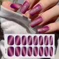 Purple and magenta gradient cat-eye nail stickers with silver glitter diagonal stripes - Purple Rose Red Gradient Glitter Cat Eye Style (CSJ-09)