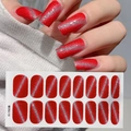 Macro view of red cat eye nail stickers CSJ-13 showing applied effect on nails - True Red Silver Diagonal Brushed Cat Eye Style (CSJ-13)