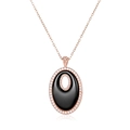 Collier à pendentif ovale minimaliste avec centre noir et bordure en cristal brillant en or rose - Or Rose Céramique Noire