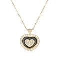 Macro shot of tiered heart pendant with black enamel and micro-pave crystals on a gold chain - Gold Tone Black Ceramic