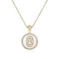 Elegante collar dorado con colgante redondo de esmalte blanco y gema ovalada central - Oro Blanco Cerámica