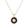 Elegant gold necklace with circular diamond pendant and black enamel halo on white background - Gold Tone Black Ceramic