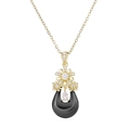 Détail du pendentif goutte en céramique avec fleur dorée et pierre de zircon brillante - Ton Or Céramique Noire