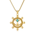 Collana con pendente ancora e timone in acciaio dorato con intarsio di turchese - Ciondolo Color Oro Con Catena 3x55cm