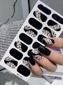Adhesive nail stickers featuring leopard print and gold glitter lines for manicures - Gold Glitter Black Leopard Style (LT-191)