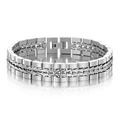 Detailed macro view of silver braided stainless steel bracelet with polished watchband links - Steel Color