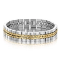 Macro shot of two-tone braided stainless steel bracelet with fold-over clasp and brushed links - Silver and Gold Mix