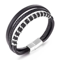 Schwarzes mehrlagiges Lederarmband für Herren mit geflochtenem Seil und Magnetverschluss - 21cm / Stahlfarbe