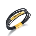 Men's multilayer black braided leather bracelet with gold metal chain and magnetic clasp - Gold Style