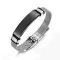 Minimalist silver mesh strap bracelet with black curved metal plate and adjustable buckle - Black ID Plate + Silver Mesh Band