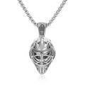 Detailed macro view of polished silver steel hockey goalie mask pendant on a box chain - Steel Color With Chain