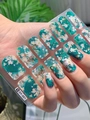 Close-up of ink marble floral nail stickers showing realistic application on fingers - Green Floral Pattern (DY-001)