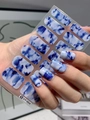 Detailed blue marble texture nail stickers with ink wash style and translucent finish - Blue White Ink(DY-004)